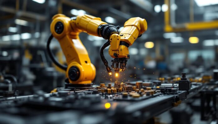 A photograph of a sleek industrial robotic arm in action