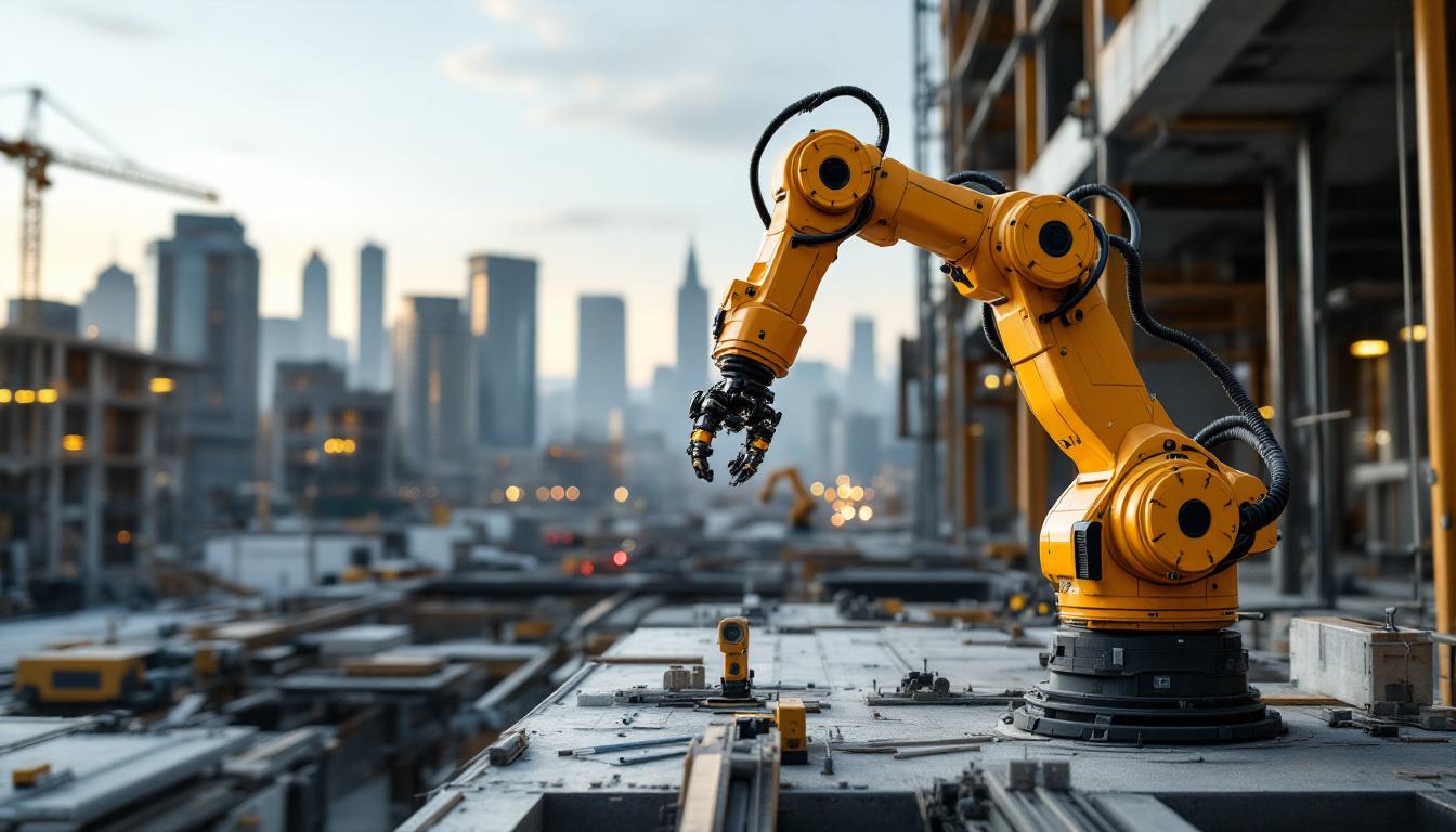 A photograph of a sleek industrial robotic arm in action at a construction site