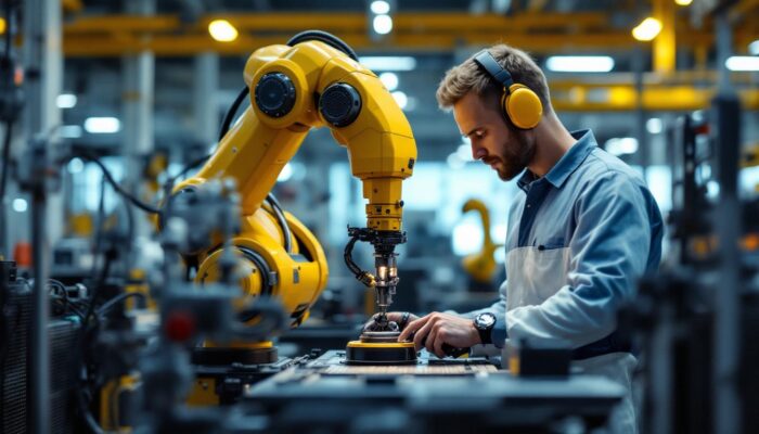 A photograph of a skilled technician operating an industrial robot in a modern manufacturing facility