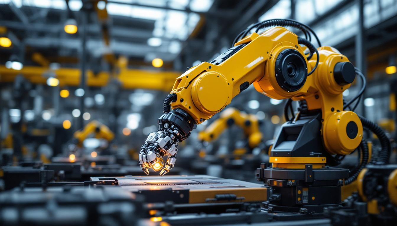 A photograph of a sleek industrial robotic arm in action within a modern manufacturing environment
