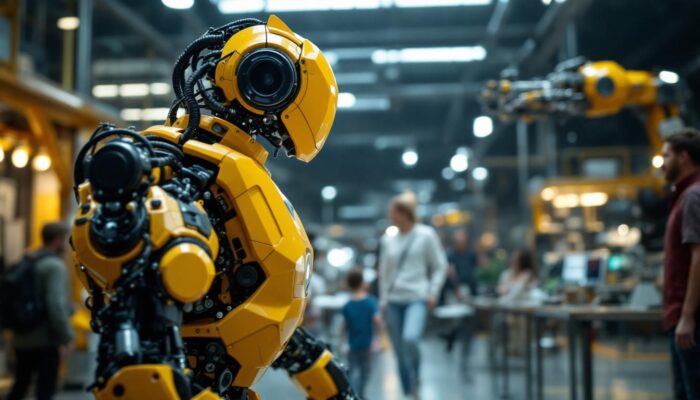 A photograph of a dynamic industrial robot in action at the museum of science in boston