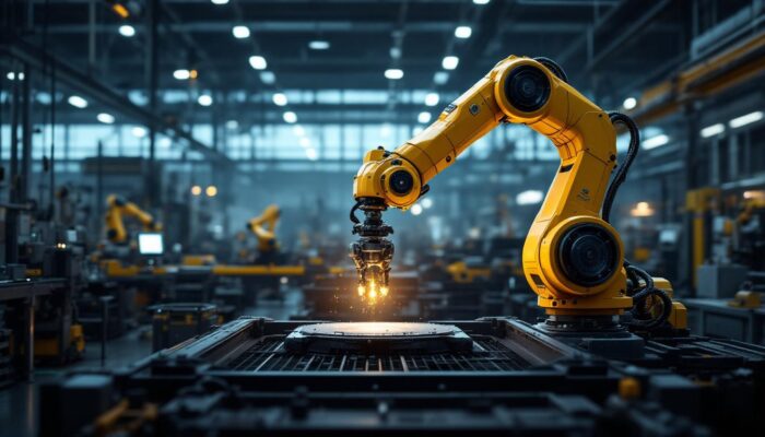 A photograph of a sleek industrial robotic arm in action within a modern manufacturing environment