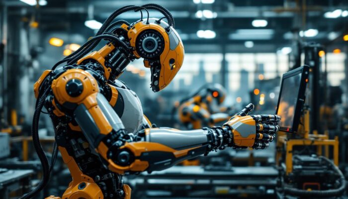 A photograph of a dynamic industrial robot in action within a boston manufacturing facility