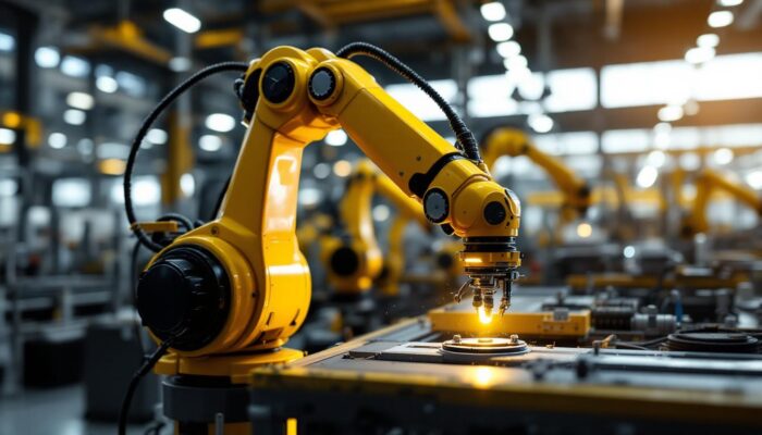 A photograph of a sleek industrial robotic arm in action within a modern manufacturing environment