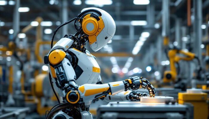 A photograph of a sleek industrial robot in action within a manufacturing setting