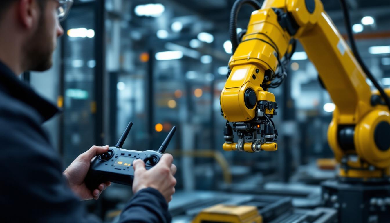 A photograph of a skilled technician operating a 2.4 ghz remote control to maneuver an industrial robotic arm in a modern manufacturing setting