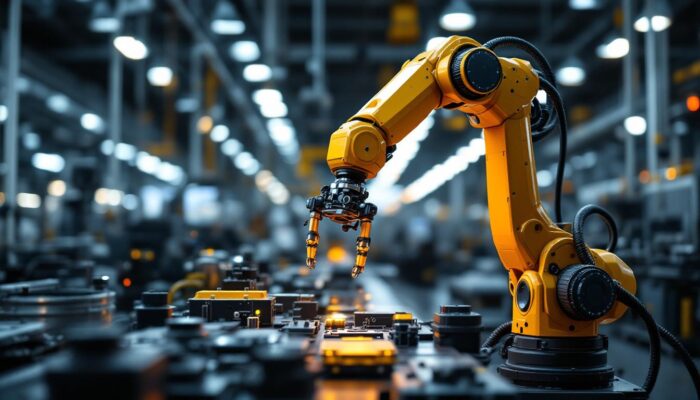 A photograph of a sleek industrial robotic arm in action within a modern manufacturing environment