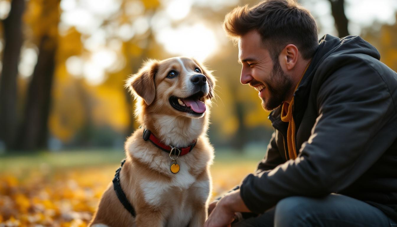 A photograph of a dog sitting down during a walk in a park