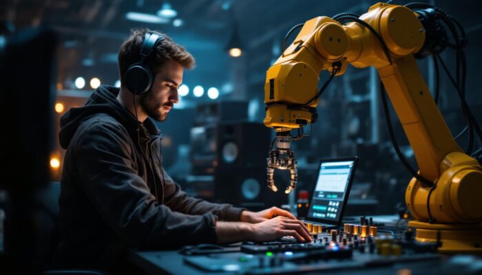 A photograph of a dynamic scene featuring an audio engineering intern working alongside an industrial robotic arm