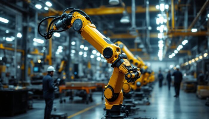 A photograph of a sleek industrial robotic arm in action within a modern manufacturing environment