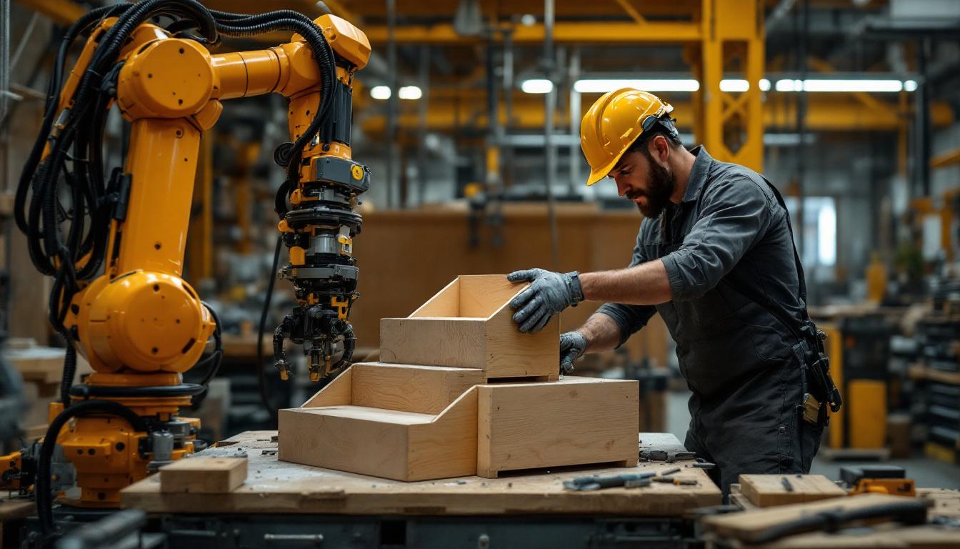 A photograph of a skilled craftsman assembling a set of industrial-style two-step box stairs