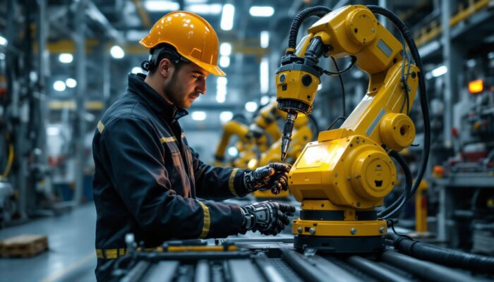 A photograph of a skilled technician operating an advanced industrial robotic system in a factory setting
