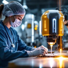 A photograph of a skilled nurse operating a high-tech laser device in a modern industrial setting