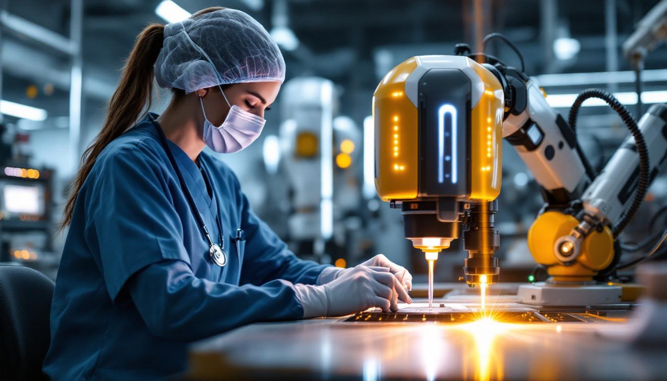 A photograph of a skilled nurse operating a high-tech laser device in a modern industrial setting
