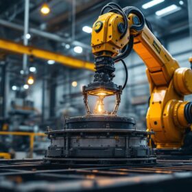 A photograph of a powerful industrial robot lifting a heavy load of 610 kg