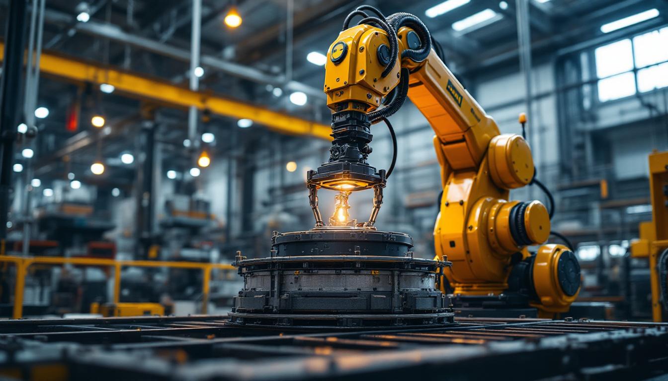 A photograph of a powerful industrial robot lifting a heavy load of 610 kg