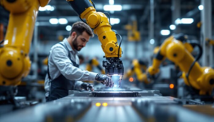 A photograph of a collaborative scene in an industrial setting where a human worker interacts seamlessly with a robotic arm