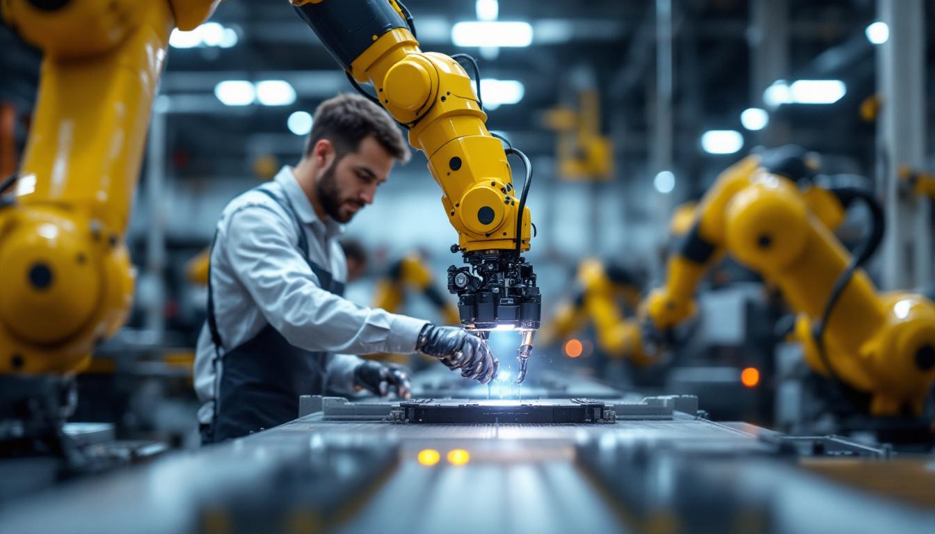 A photograph of a collaborative scene in an industrial setting where a human worker interacts seamlessly with a robotic arm