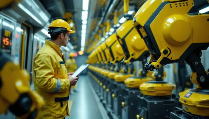 A photograph of a subway manager overseeing the operation of industrial robots in a bustling subway environment