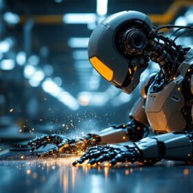 A photograph of a sleek industrial robot in action
