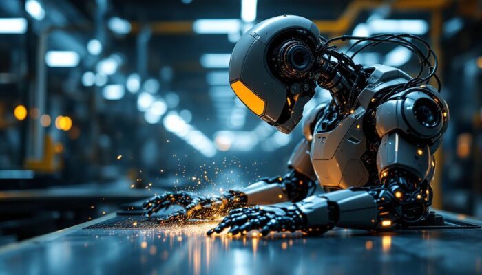 A photograph of a sleek industrial robot in action