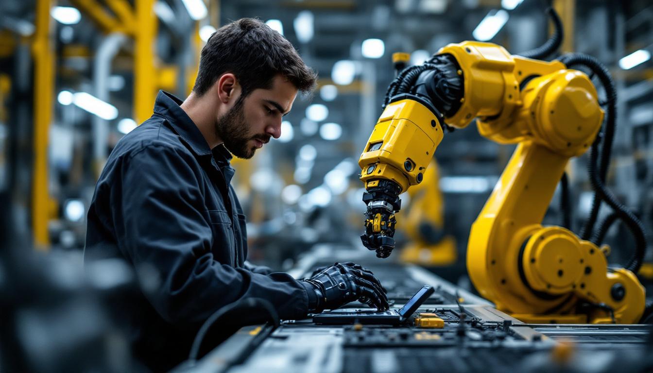 A photograph of a skilled technician programming or operating an industrial robotic arm in a dynamic manufacturing environment at general dynamics san diego