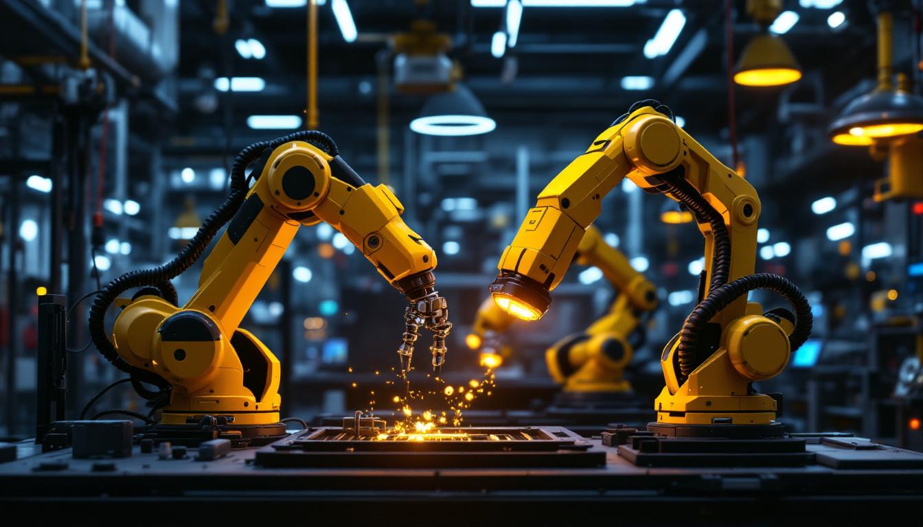 A photograph of a futuristic industrial setting featuring advanced robotic arms and ai technology in action