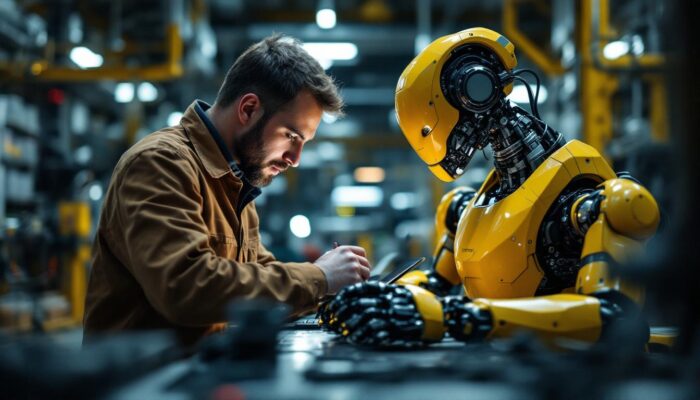A photograph of a skilled rf engineer working alongside an industrial robot in a high-tech manufacturing environment
