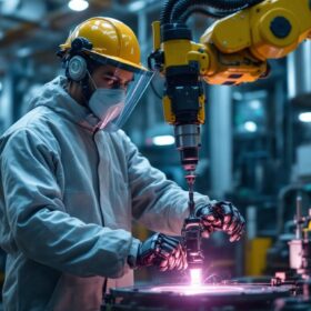A photograph of a hazardous materials technician in full protective gear operating a robotic arm in an industrial setting