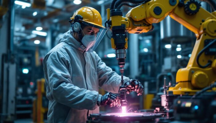 A photograph of a hazardous materials technician in full protective gear operating a robotic arm in an industrial setting
