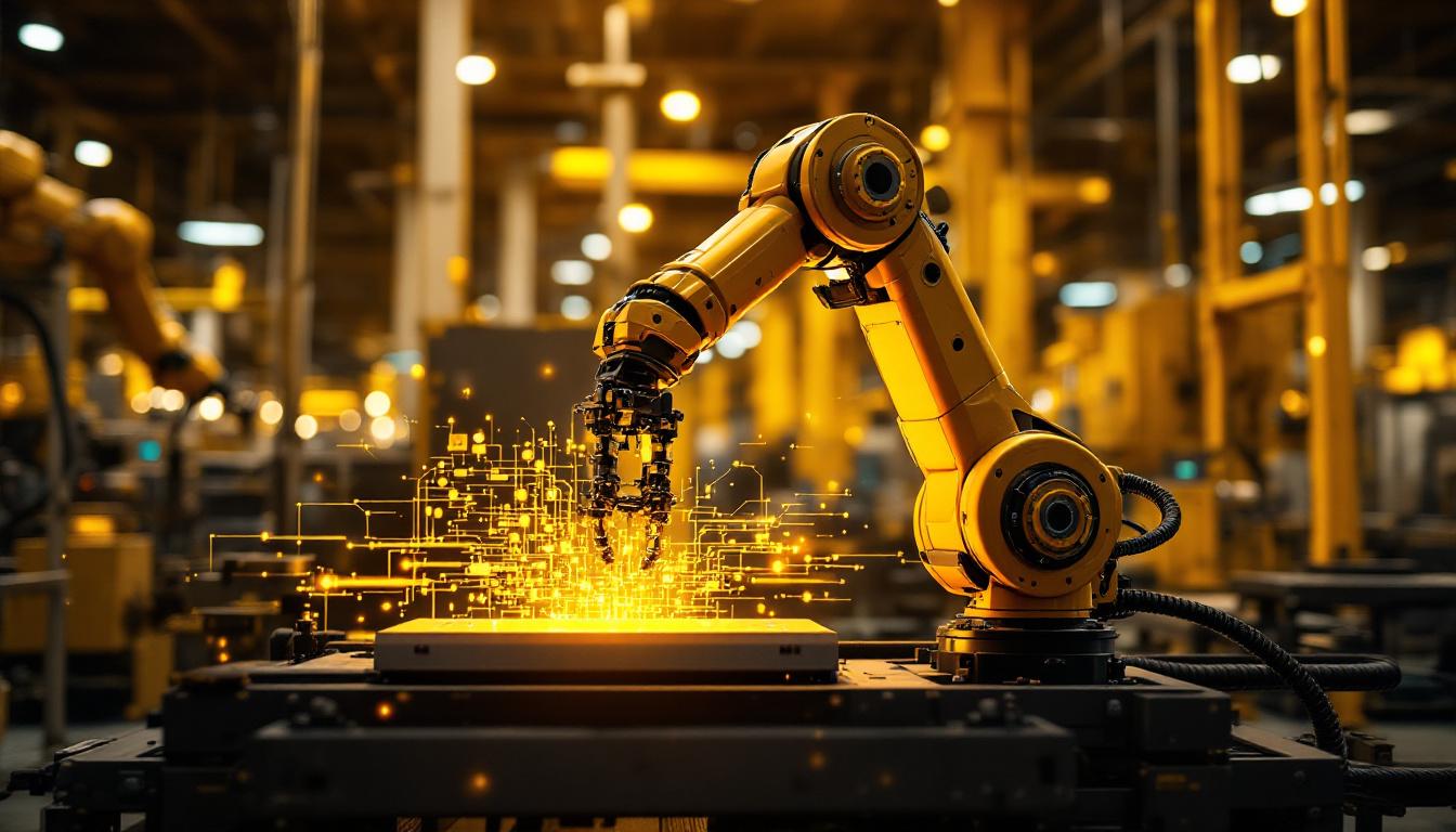 A photograph of a sleek industrial robotic arm in action within a modern manufacturing environment