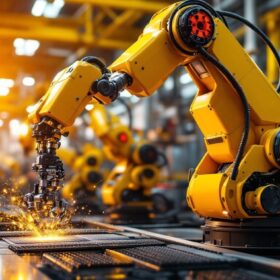 A photograph of a dynamic industrial robot in action