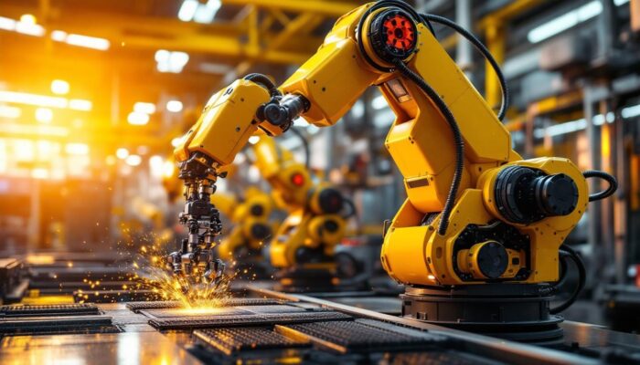 A photograph of a dynamic industrial robot in action