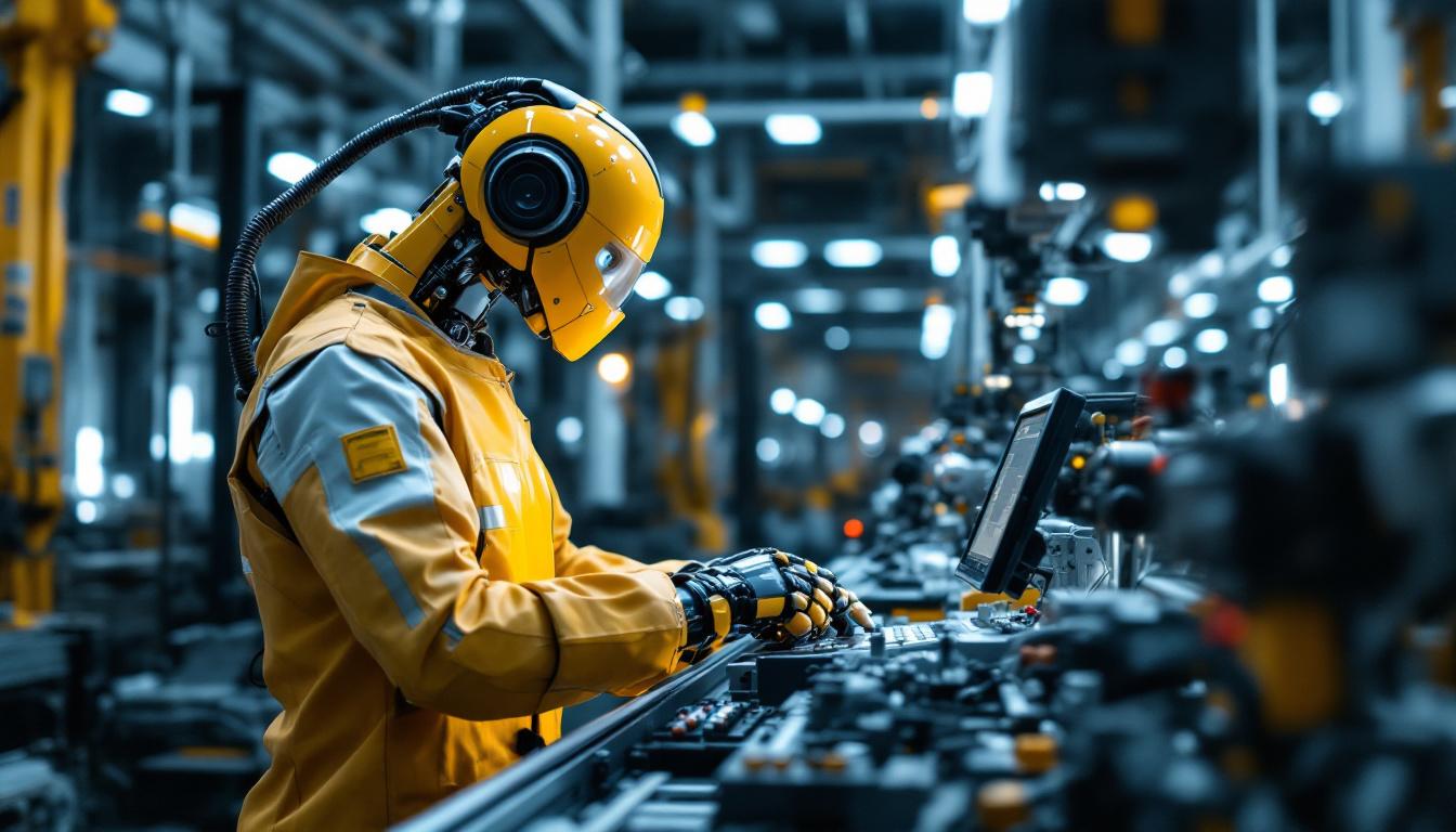 A photograph of a skilled technician programming or operating an industrial robot in a modern manufacturing setting