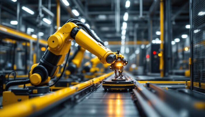 A photograph of a modern industrial robotic arm in action within a manufacturing setting