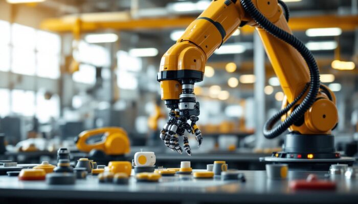 A photograph of a sleek industrial robotic arm in action