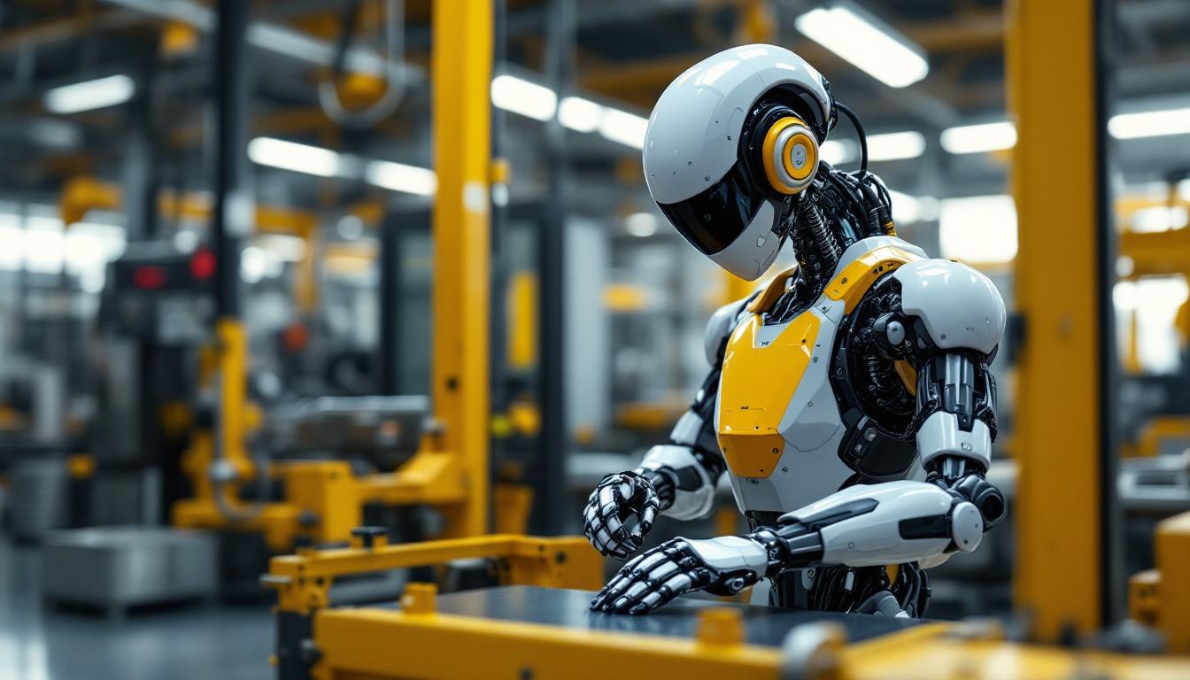 A photograph of a sleek industrial robot in action within a modern manufacturing environment