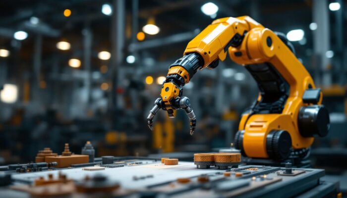 A photograph of a sleek industrial robotic arm in action within a manufacturing environment
