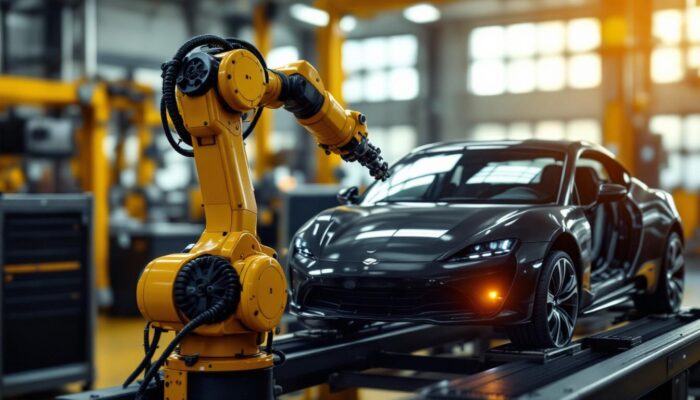 A photograph of a sleek industrial robotic arm interacting with a rental car in a modern workshop setting