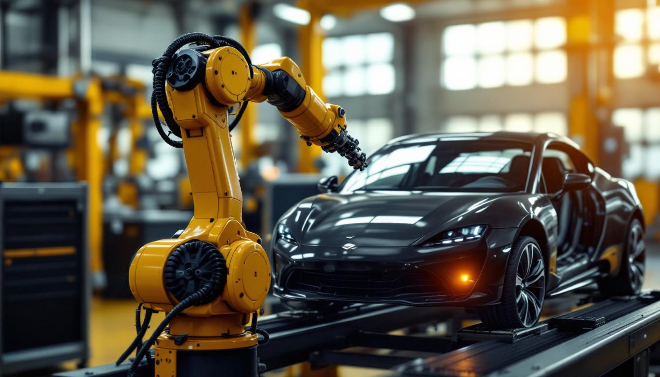 A photograph of a sleek industrial robotic arm interacting with a rental car in a modern workshop setting