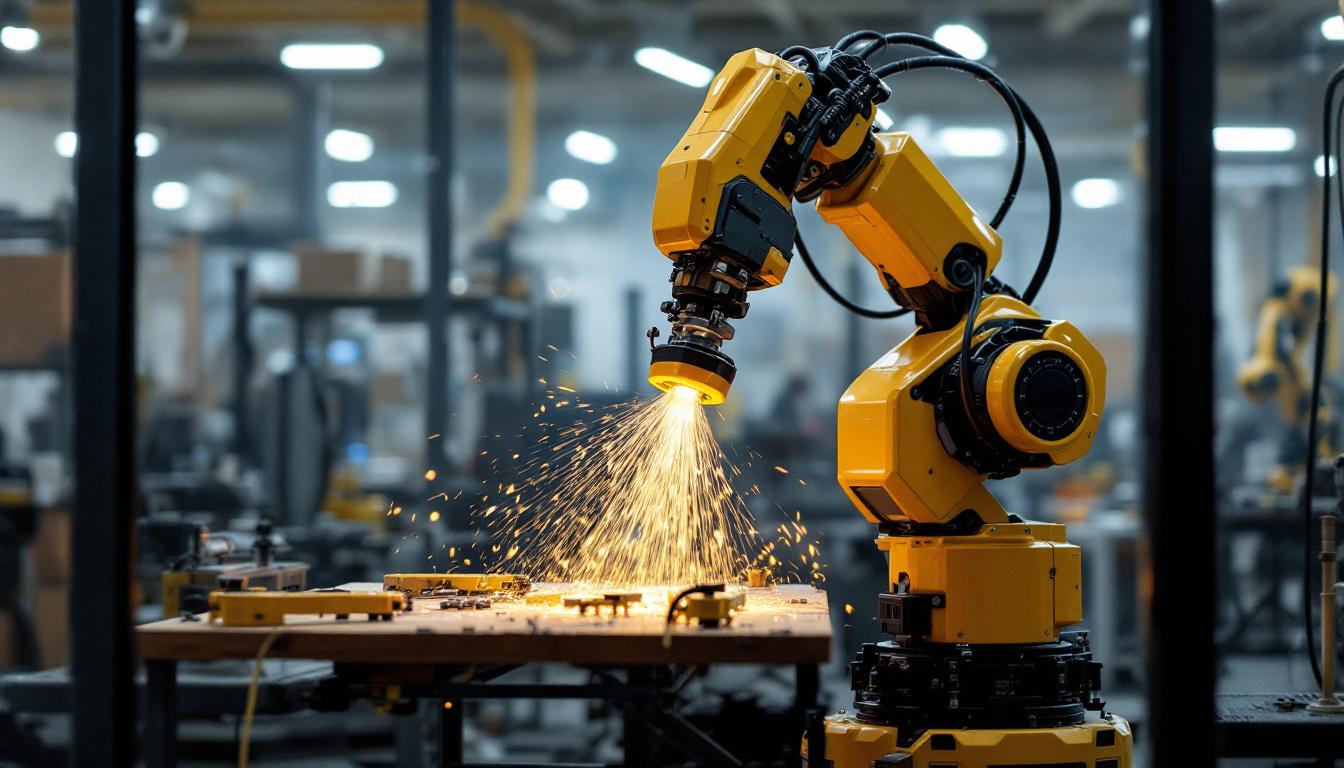 A photograph of a dynamic industrial robot in action at the industry lab in cambridge