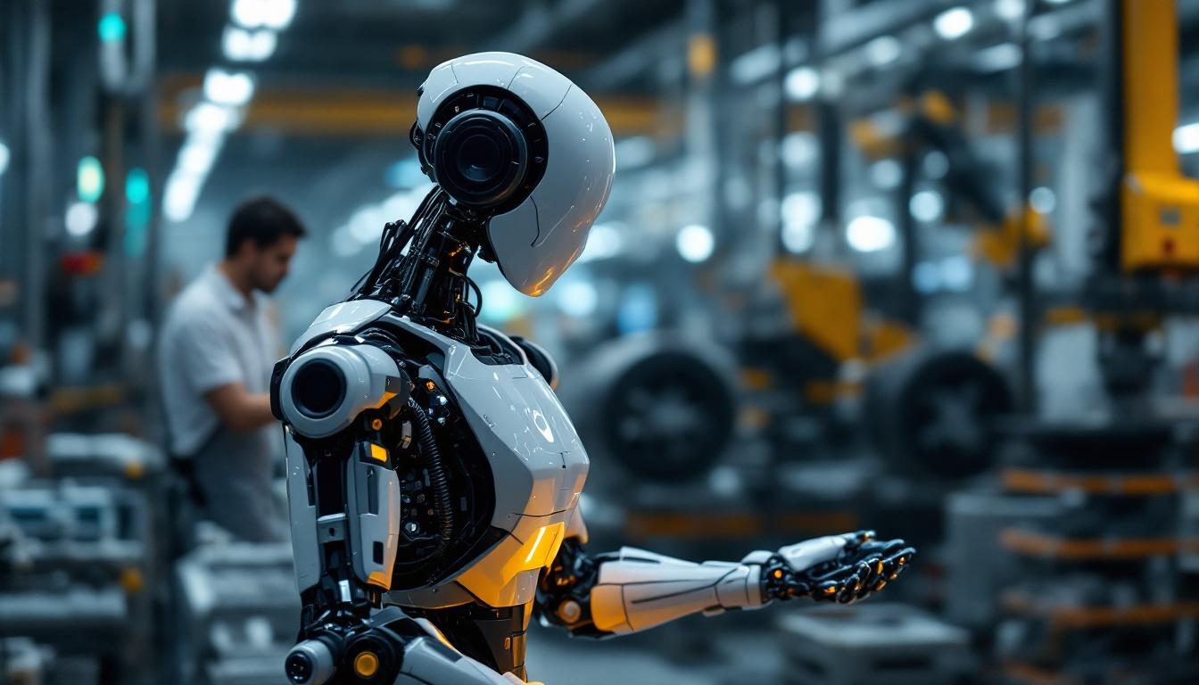 A photograph of a sleek industrial robot in action within a modern manufacturing environment