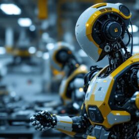 A photograph of a sleek industrial robot in action