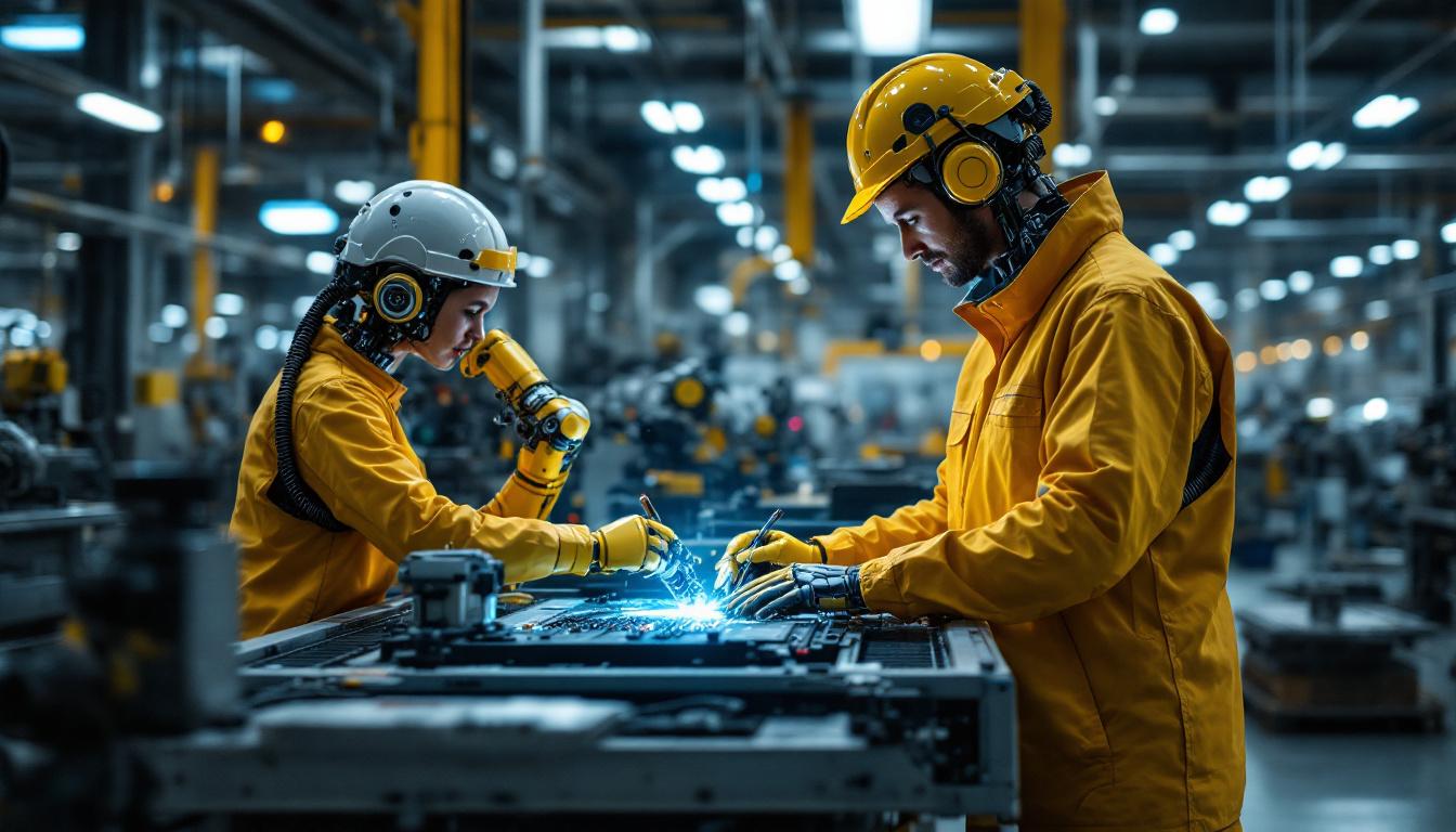 A photograph of a dynamic industrial setting featuring a collaborative robot (cobot) working alongside human workers