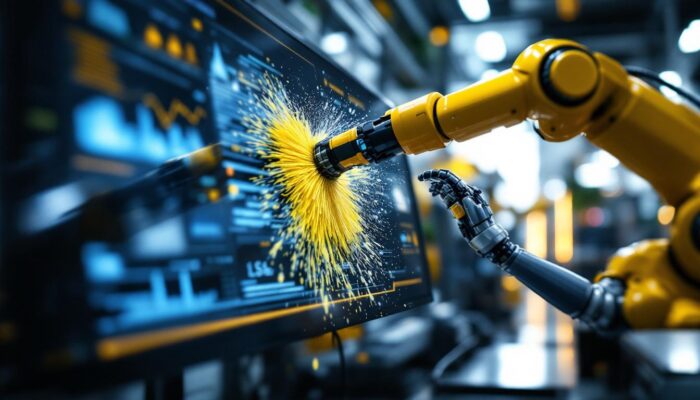 A photograph of a sleek industrial robotic arm in action
