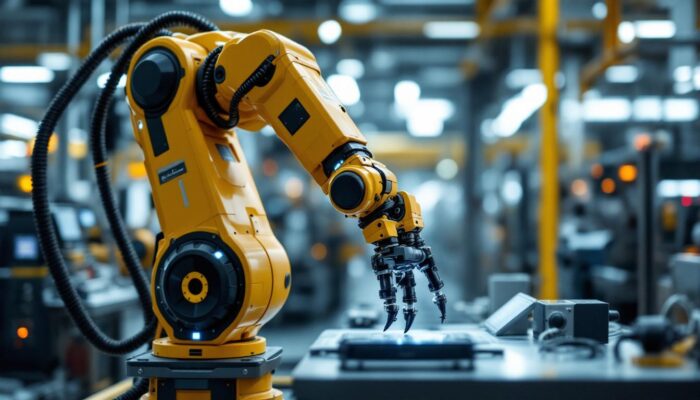 A photograph of a sleek industrial robotic arm in action within a high-tech manufacturing environment