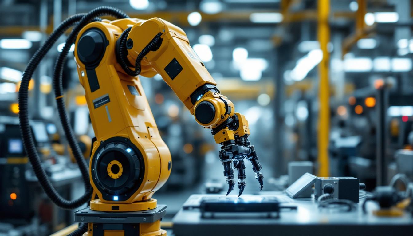 A photograph of a sleek industrial robotic arm in action within a high-tech manufacturing environment