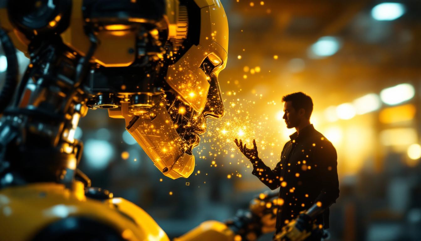A photograph of a close-up of an industrial robot at work