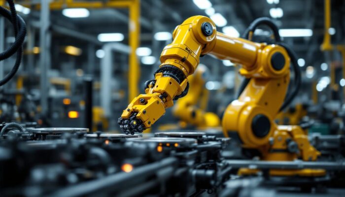 A photograph of a sleek industrial robotic arm in action at b & d automotive