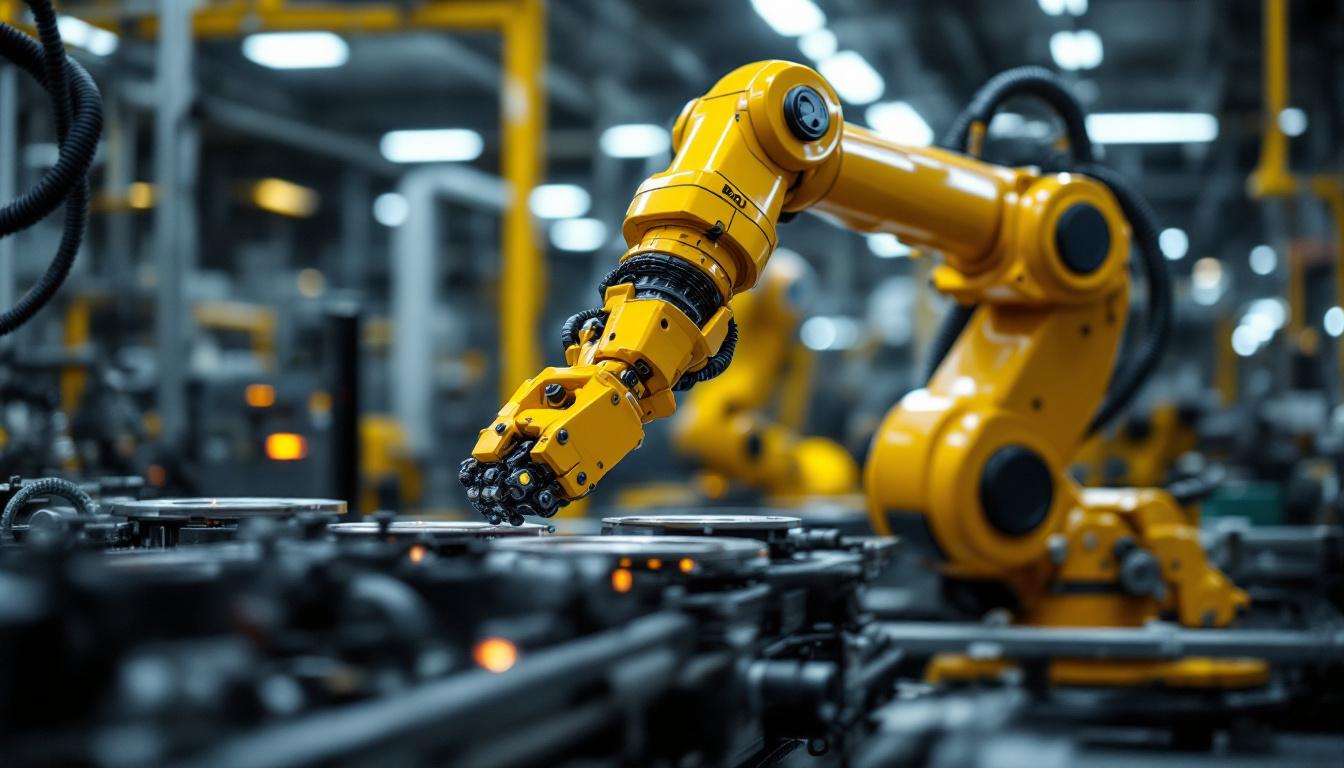 A photograph of a sleek industrial robotic arm in action at b & d automotive